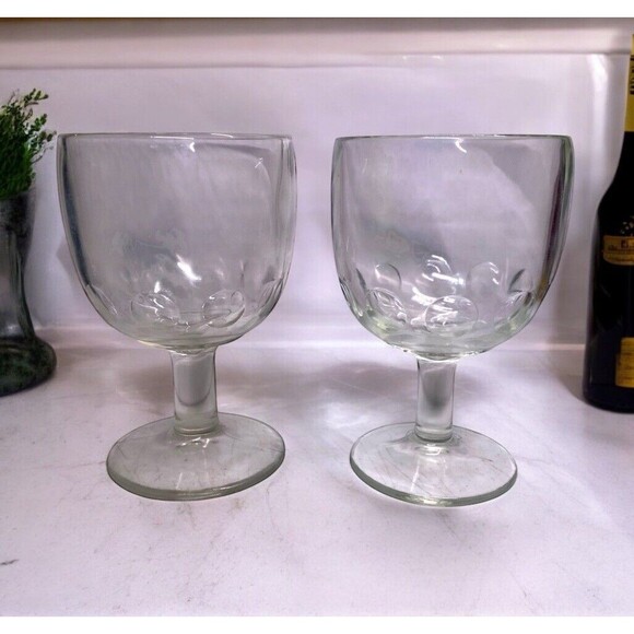 Vintage Clear Thumbprint Goblets Thick Drinking Glass Set Of 2 - Picture 1 of 7